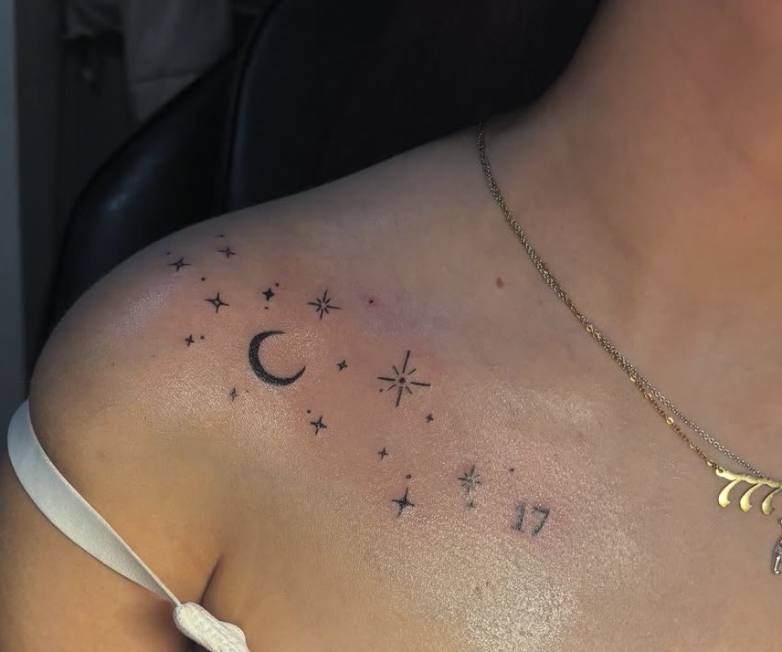 Moon & Stars — Fine Line tattoo by Triple Seven Inked