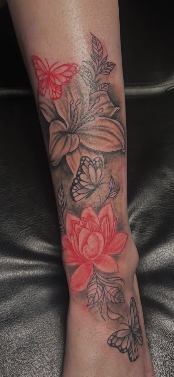 Lily & Butterflies — Color tattoo by Triple Seven Inked