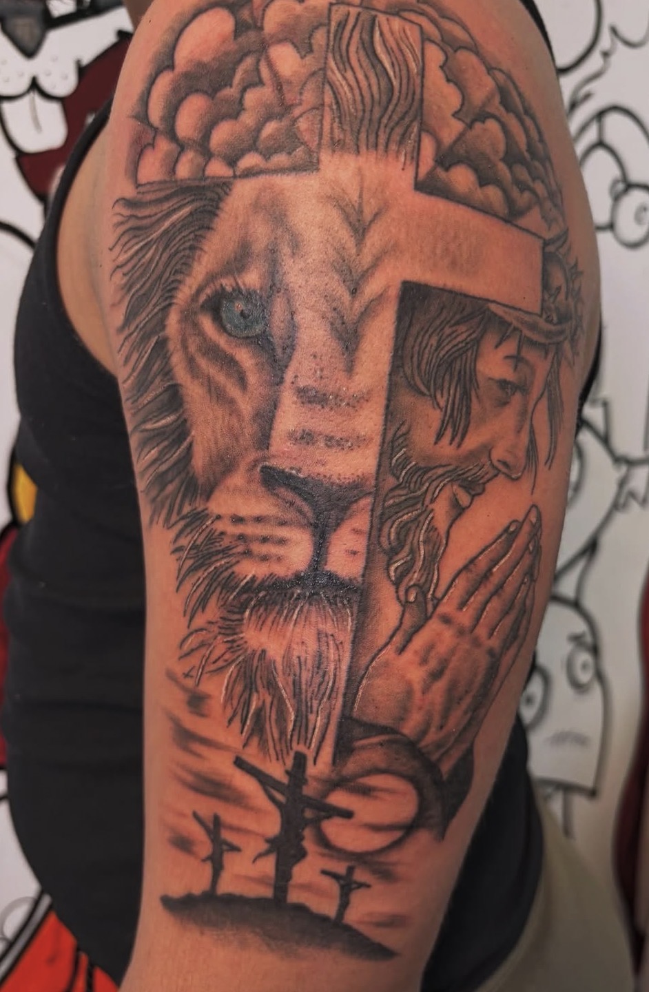 Lion & Cross — Black & Grey tattoo by Triple Seven Inked