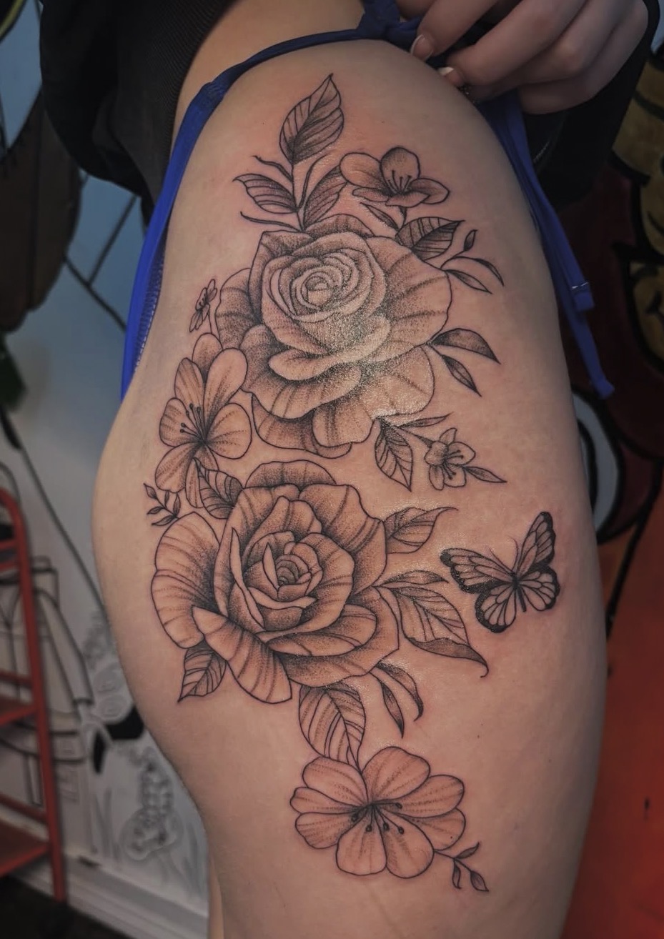 Rose Bouquet — Black & Grey tattoo by Triple Seven Inked