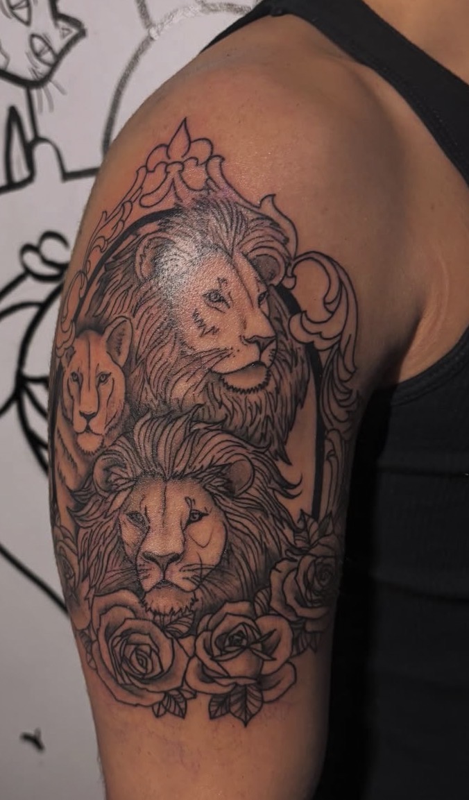 Pride of Lions — Black & Grey tattoo by Triple Seven Inked