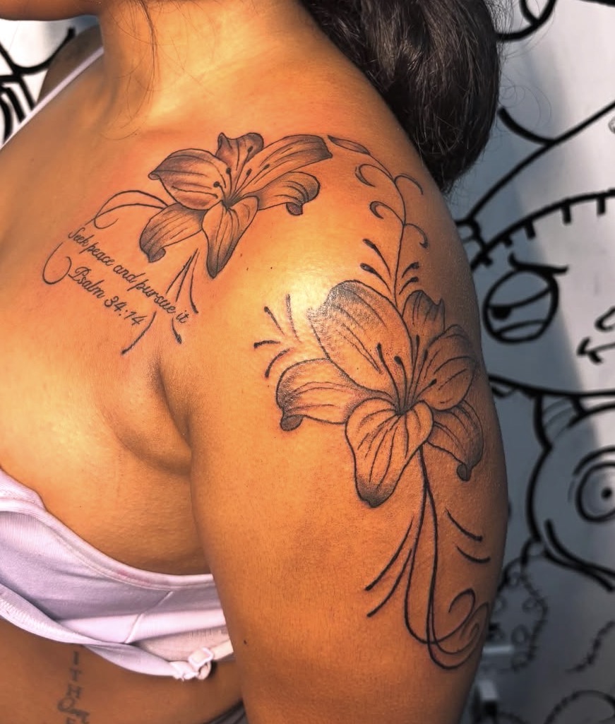Shoulder Lilies — Black & Grey tattoo by Triple Seven Inked