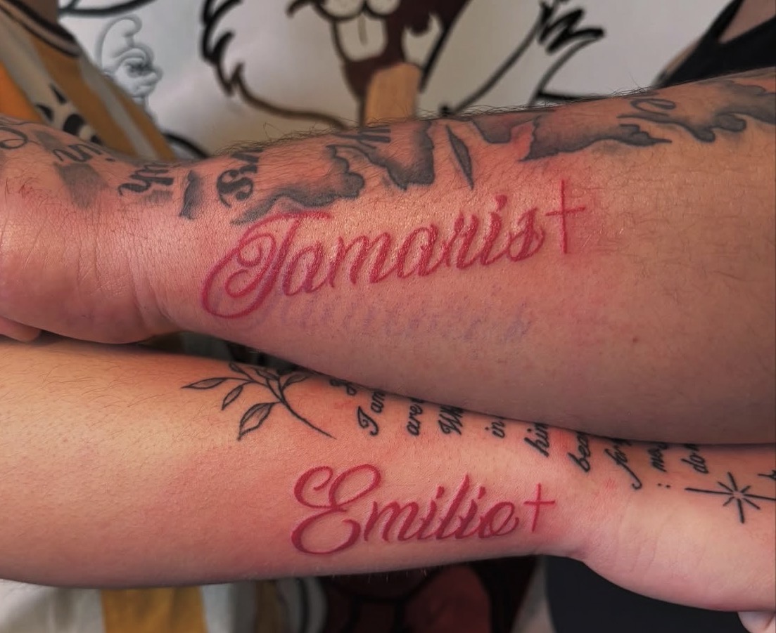 Tamarius & Emilie — Lettering tattoo by Triple Seven Inked